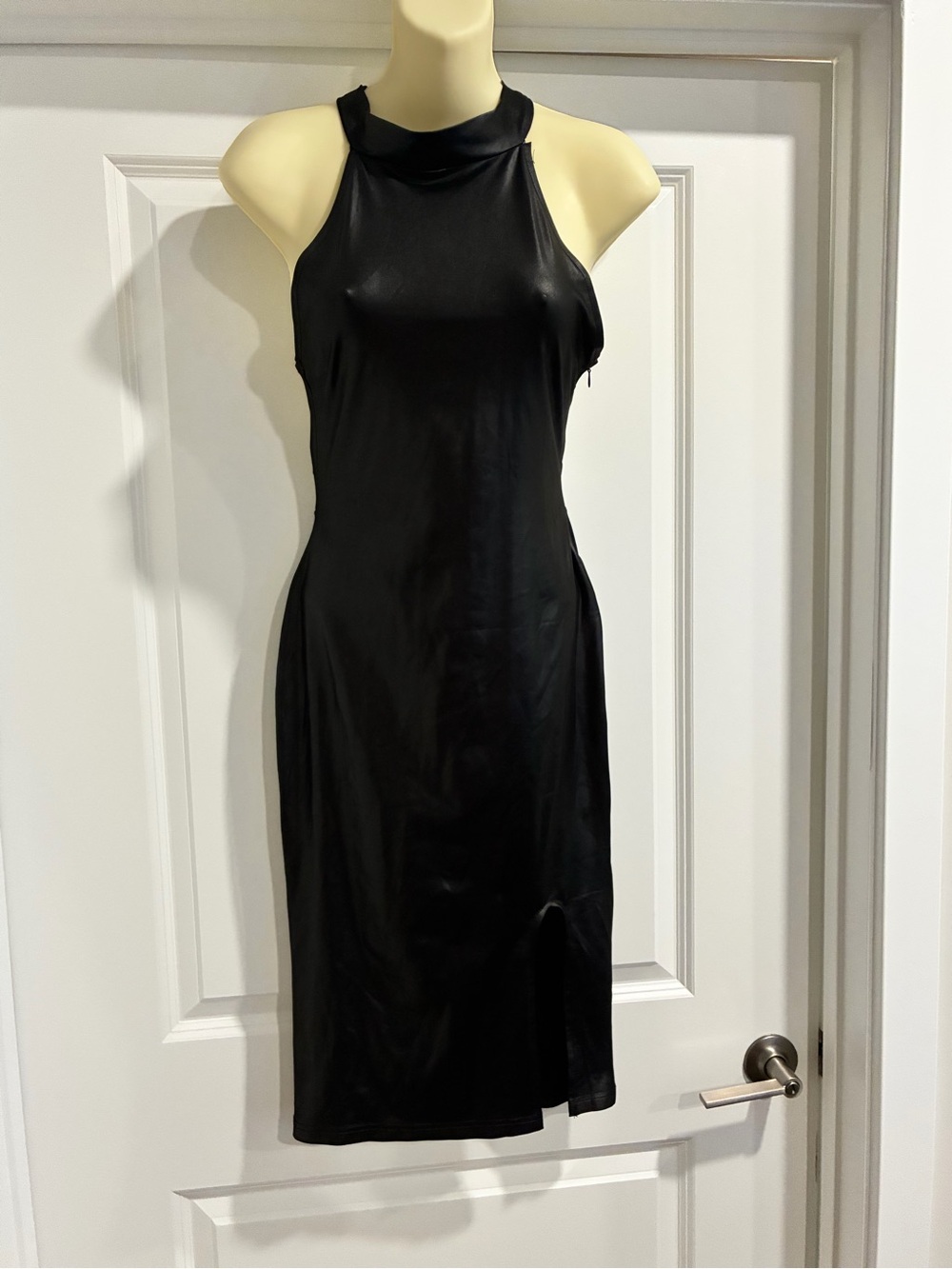 Black Shiny Halter Midi Dress. Size L